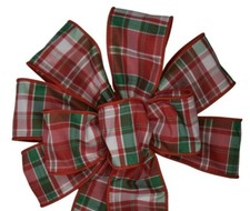 10" Hand Made Red, White and Green Plaid Wired Bow - Christmas Wreath Holiday
