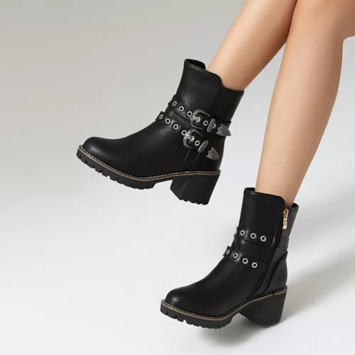 Women Booties Mid Chunky Heel Round Toe Zip Up Casual Buckle Fashion Ankle Boots - Bild 19 von 29