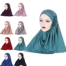 Amira Women Muslim Hijab Turban Solid Color Scarf Head Wrap Shawl Pull On Ready