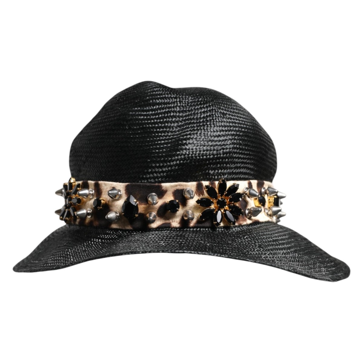 DOLCE & GABBANA Hat Black Straw Crystal Embellish Women Wide 