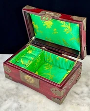 Chinese Jewelry Box Red Rose Wood Brass Jade & Lined Green Gold 7”x4”