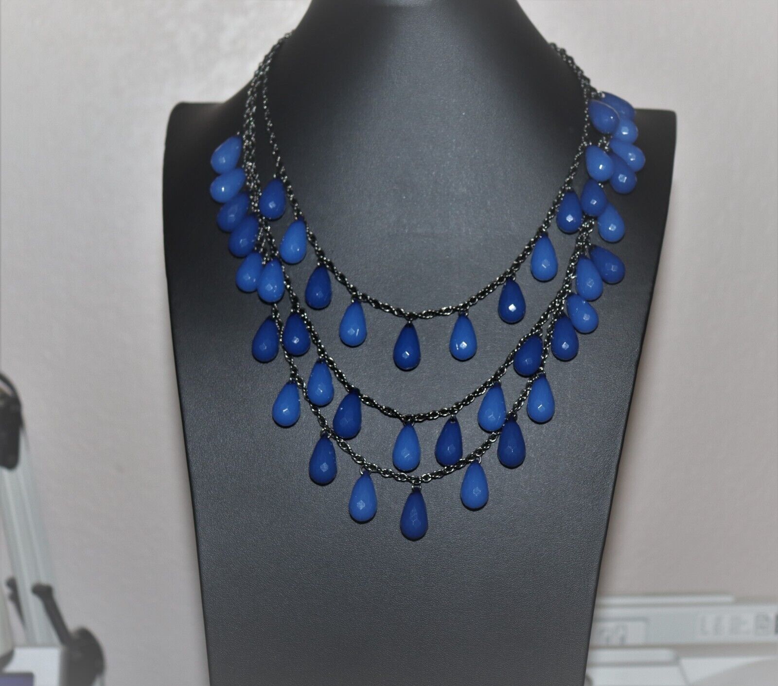 Joan Rivers Blue 3 strand Necklace with Black Cha… - image 1