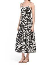 NWT Christian Lacroix Abstract Print Linen Blend Tiered Maxi Dress, Black, Sz XS