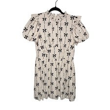 Francesca's Mini Dress Women M Cream Black Bow Coquette NWT Ruffle Puff Sleeve