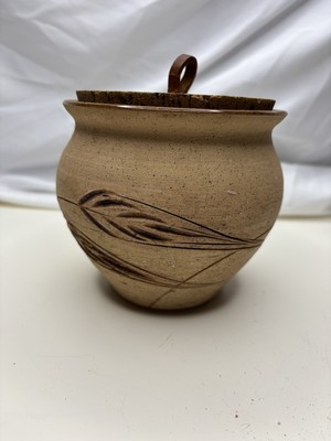 Vintage Partially Glazed Art Pottery Jar W/lid with Wheat Design 4.5'' Tall