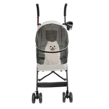 Pet Dog Stroller Travel Carriage 4 Wheels With Cup Holder & Rear Pocket, Gray