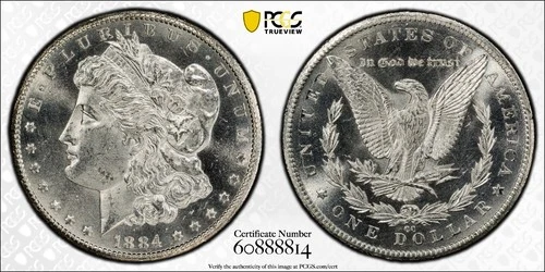 UNITED STATES 1884-CC MORGAN SILVER DOLLAR GOLD LABEL PCGS MS 63