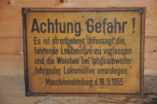 Altes Blechschild Eisenbahn 1955,Achtung Gefahr!Lokomotive,Weichen,Bahnhof,Zug