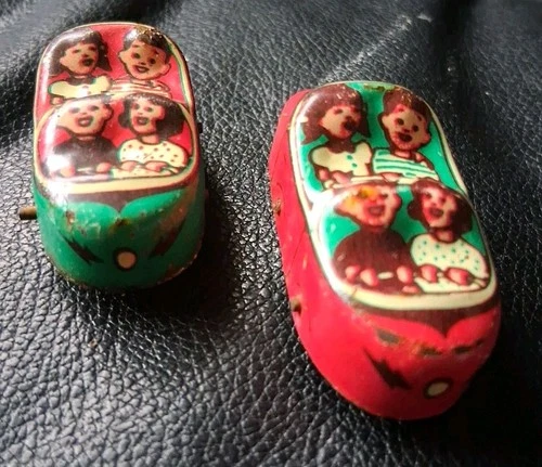 2 Vintage J CHEIN Metal Roller Coaster CARS -  1950s - Tin - RED & GREEN CARS