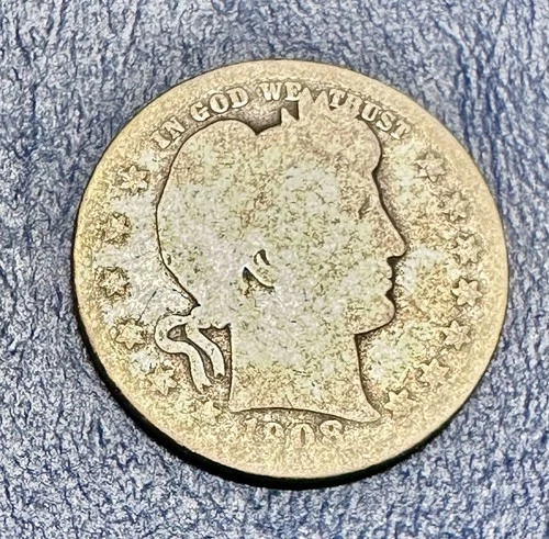 1908-S Barber Quarter. 90% Silver. Good Condition. Charity Auction.