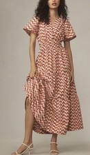 Anthropologie Somerset Maxi Dress M Red Rose Geometric Puff Sleeve Cottagecore