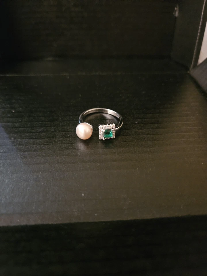 开封天然粉红色珍珠戒指带绿色立方氧化锆 — 第 3/4 张图片