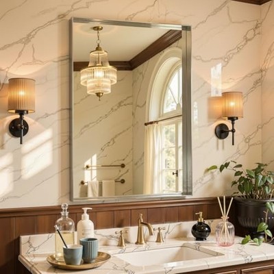 50''x30'' Framed Bathroom Mirror, Large Rectangular 30''L x 50''W Silver Modern