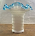 3 Vintage Fenton Milk Glass Aqua Crest Turquoise Ruffled Crimped Vases