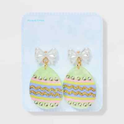 Easter themed dangle drop earrings embellished Easter egg with bow Nickel free