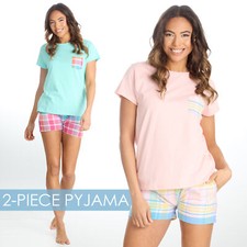 Ladies 2-Piece Pyjama Short Sleeve Plain Tshirt Check Shorts Set Summer PJs S-XL