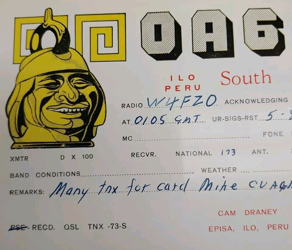 Peru QSL Radio Card 1954 Ilo Cam Draney