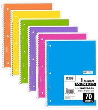 6 Pack Spiral Notebooks, 1-Subject, College Ruled, 70 Sheets, Assorted Colors