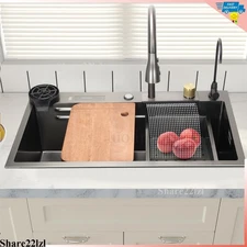 31.5x17.7 IN Flying Rain Stainless Steel Waterfall Kitchen Sink w/ Faucet Black