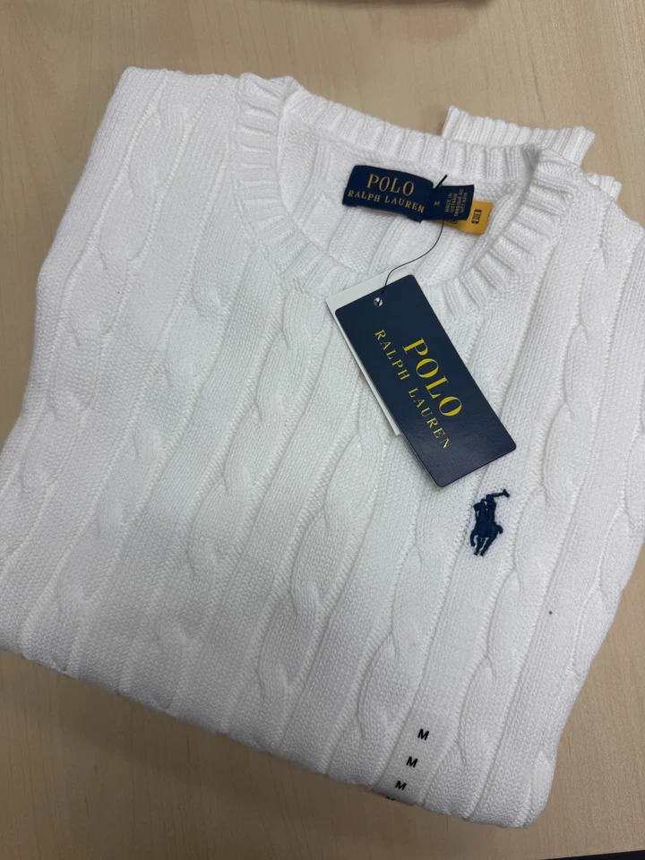  Suéter Polo Ralph Lauren Para Mujer Mediano Tejido con Cable Algodón Cuello Redondo Blanco Foto 3 de 4