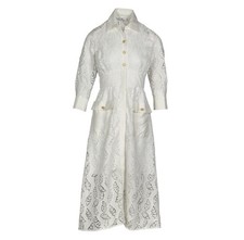 Sandro Paris Dress Lace Floral White Collared 3/4 Sleeve Midi Size 34 XS UK 6
