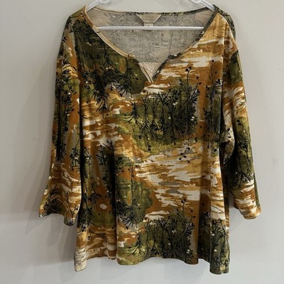 VTG CJ Banks Women s 2X Cotton 3/4 Length Sleeve Top Shirt Brown Yellow Print
