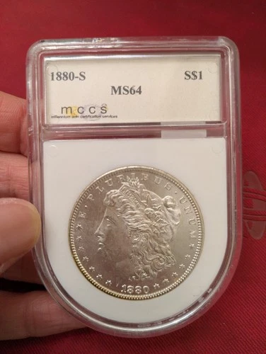 1880-S Silver Dollar Morgan RARE MCCS Toilet Bowl Slab Holder UNC BU old ogh vtg