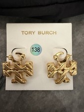 NEW Tory Burch Roxanne Logo Hidden Latch Drop Earrings Gold Plated Twisted Rope
