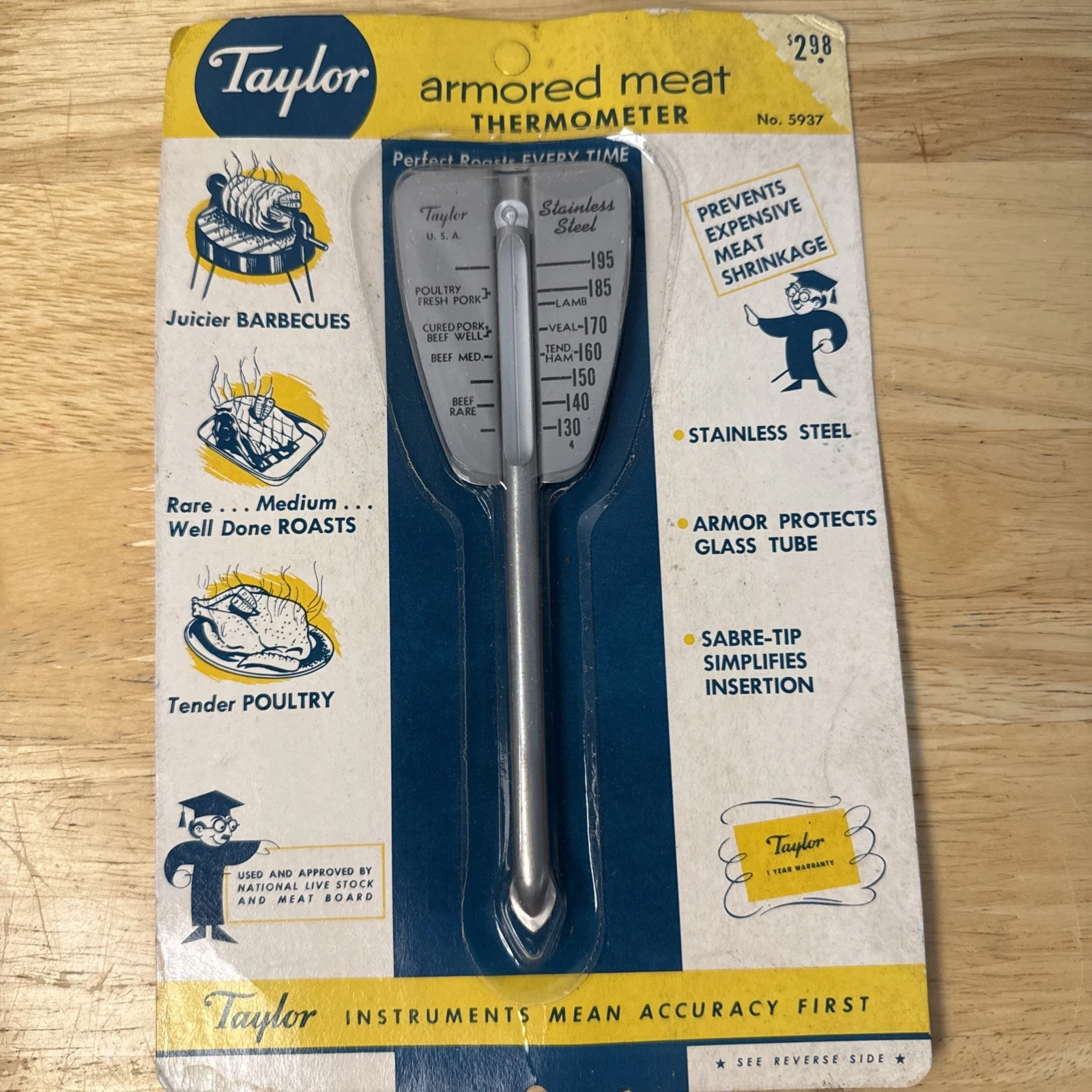 NIB Vintage Taylor Meat Thermometer Armored 5937 Roast Poultry Stainless Steel