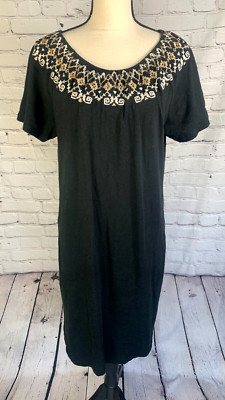 J Jill Dress Black Embroidery Onn Off Shoulder Short Sleeve Pocket 100% Cotton M