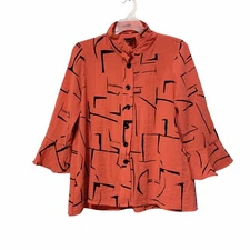 Ali Miles Women Orange Black Button Front Top Bell Sleeve Zip Back Size PM