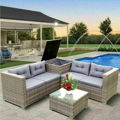 4PC Patio Furniture Set Rattan Outdoor Sectional Couch Sofa W/ Storage Box Grey - Picture 3 of 12