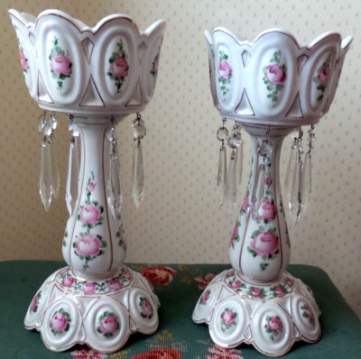 TWO VICTORIAN CERAMIC HANDPAINTED LUSTERS WITH CRYSTAL PRISMS