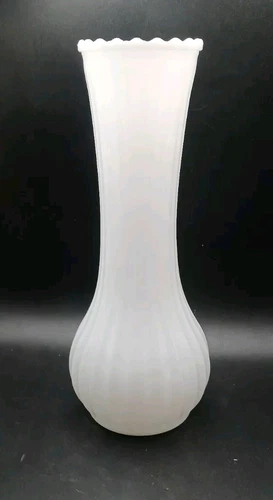 Vintage Milk Glass Ribbed 12" Vase Sawtooth Scalloped Rim