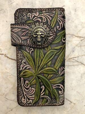Weed Carved Wallet Handmade Cowboy Wallet Mens Bifold Wallet Chain Gift ...