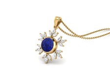 10MM Round Shape Lapis 925 Sterling Silver Yellow Plated Flower Women Necklace