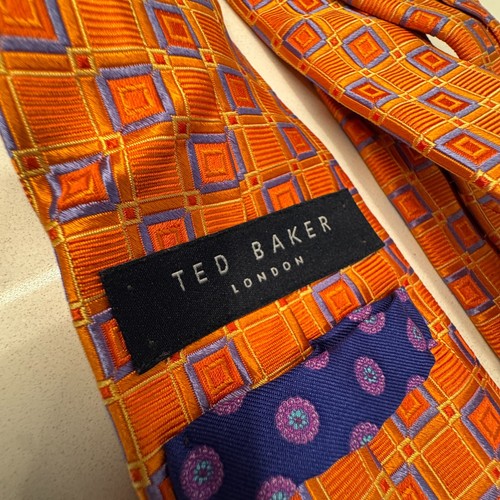 Ted Baker London Tie Orange Necktie Silk Made In USA Circles Geometric Handemade - Picture 6 of 7