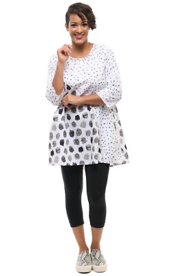 Tulip Collection White Cotton Tunic Top Big Splatter Print A-line w/ Pockets  M
