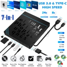 7 in 1 Slim External CD DVD Drive USB 3.0 USB C Disc Player Burner Writer Laptop