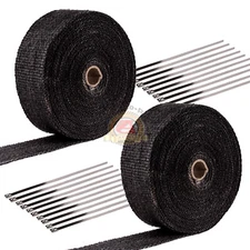 2 Roll x 2" 50Ft Black Fiberglass Exhaust Header Pipe Heat Wrap Tape+20 Ties Kit