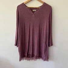 LOGO Lounge Lori Goldstein Long Sleeve Top Womens Large Purple V-neck Knit Lace