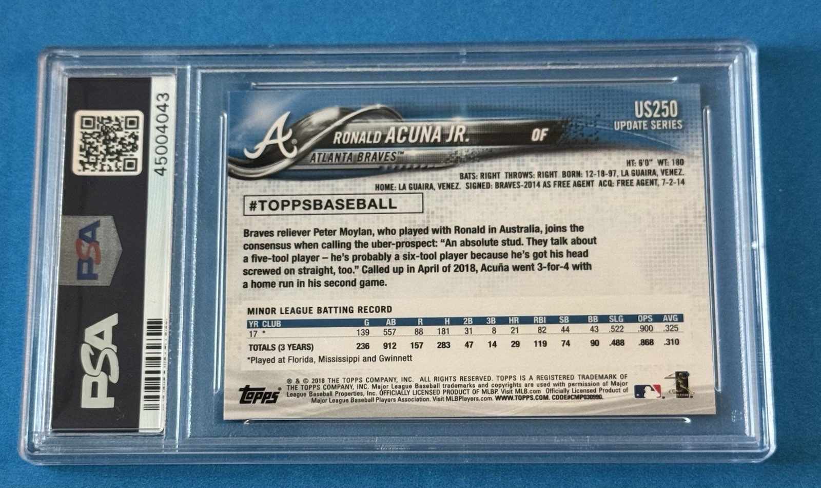 2018 Topps Update Ronald Acuna Jr. US250 Rookie PSA 9  At Bat Braves Blue Jersey view 8