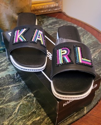 $119 NIB KARL LAGERFELD PARIS BLACK Jaxine Crystal Logo Platform Slides 9.5 M
