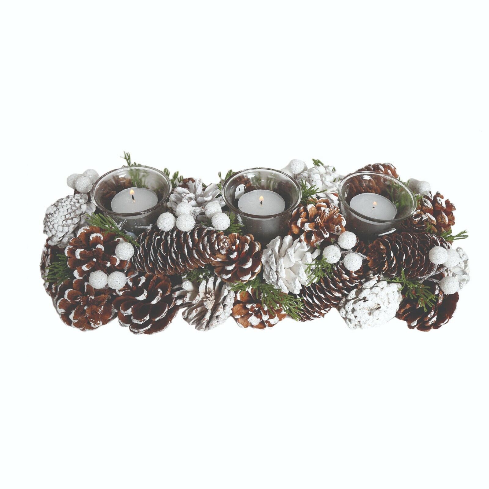 Christmas Tea Light Candle Holder - Three Clear Holders with Pine Cones