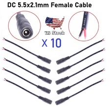 x10 22AWG 12V 3A DC Power Pigtail Cable, 2.1x5.5mm Barrel Plug Wire Female 8.5"