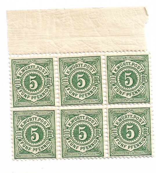 Germany Wuttemberg  6x  5 Pf. BLock MNH  1890   Sc. #59 Green  6-217 - Image 3 of 4