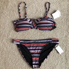 New Gibson Latimer Striped Bikini Black Orange purple bathing suit X large Swim
