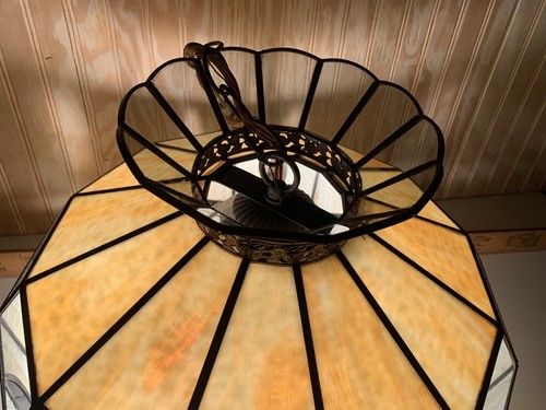 Stained Glass Hanging Lamp Slag 12-Panel Tiffany Style Pendant Cream 17.5" x 12" - Picture 15 of 15