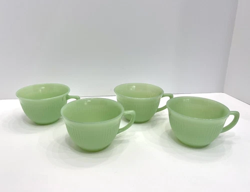Set of 4 Vintage Fire King Coffee Tea Cups Green Jadeite Jane Ray Ribbed