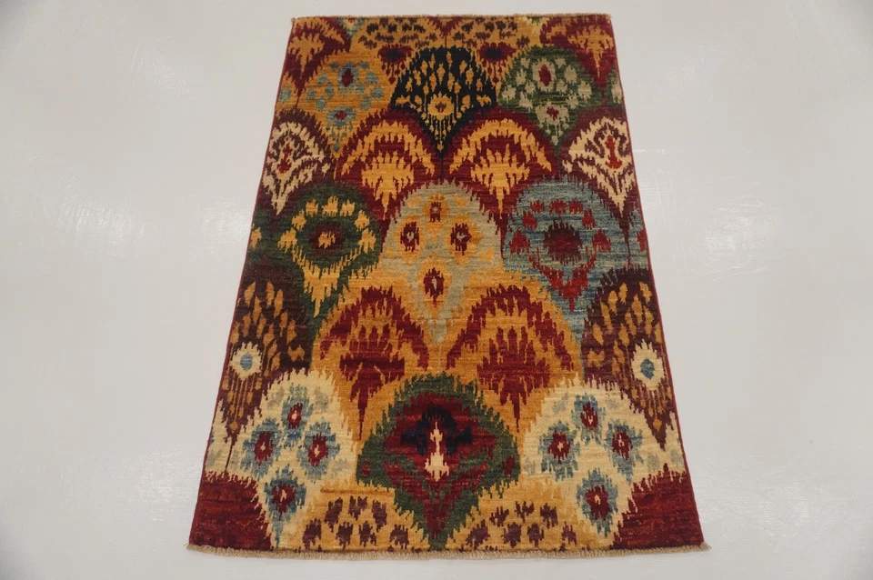 3 x 4 ft Red Multicolor Ikat Afghan Hand Knotted Area Rug - Image 2 of 4